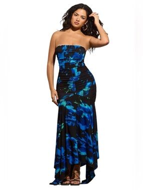 Club London Florianne Navy Floral Print Ruched Bandeau Maxi Dress Size L
